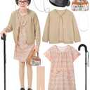 FancyFun 3 Pcs Old Lady Costume for Kids, Girls 100 Days of School Costume Granny Grandma Wig Dress Glasses Cane Accessories Set E 3-4T