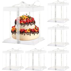 12x12x10inch 6Pcs Tall Cake Boxes Clear cake Box with Ribbon,Pre Folded Lid for 10" and 11" Inch Tall Layer Tiered Cakes and Bakery Display Birthday Wedding Party(Clear Lid, 12*12*10inch/6Pcs)
