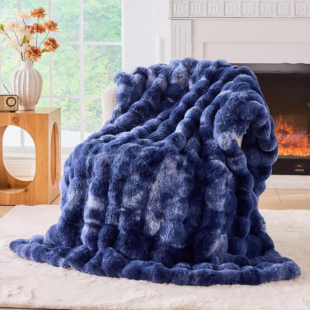 Fluffy Faux Fur Throw Blanket for Couch, Soft Plush Thick Cozy Fuzzy Luxury Minky Bubble Blanket for Home Living Room Decor Gift for Women, Tie-dye Blue, 51" x 63", 1100GSM