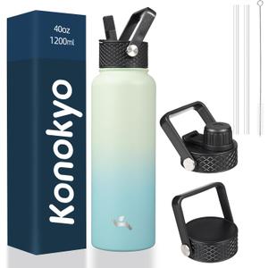 Konokyo 40oz Insulated Water Bottle Stainless Steel Sport Bottles with 1 Lids,Mint