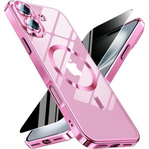 Magnetic for iPhone 17 Case with Privacy Screen Protector & Full Camera Cover,[Non-Yellowing] Shockproof Clear Phone Case Compatible with MagSafe Women Girls for iPhone17,Hot Pink