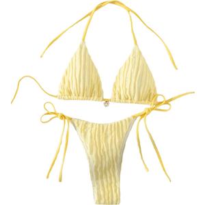 SHENHE Women's 2 Piece Swimsuit Floral Print Halter Tie Side Triangle Bikini Set (Medium, Yellow Stripe Textured)