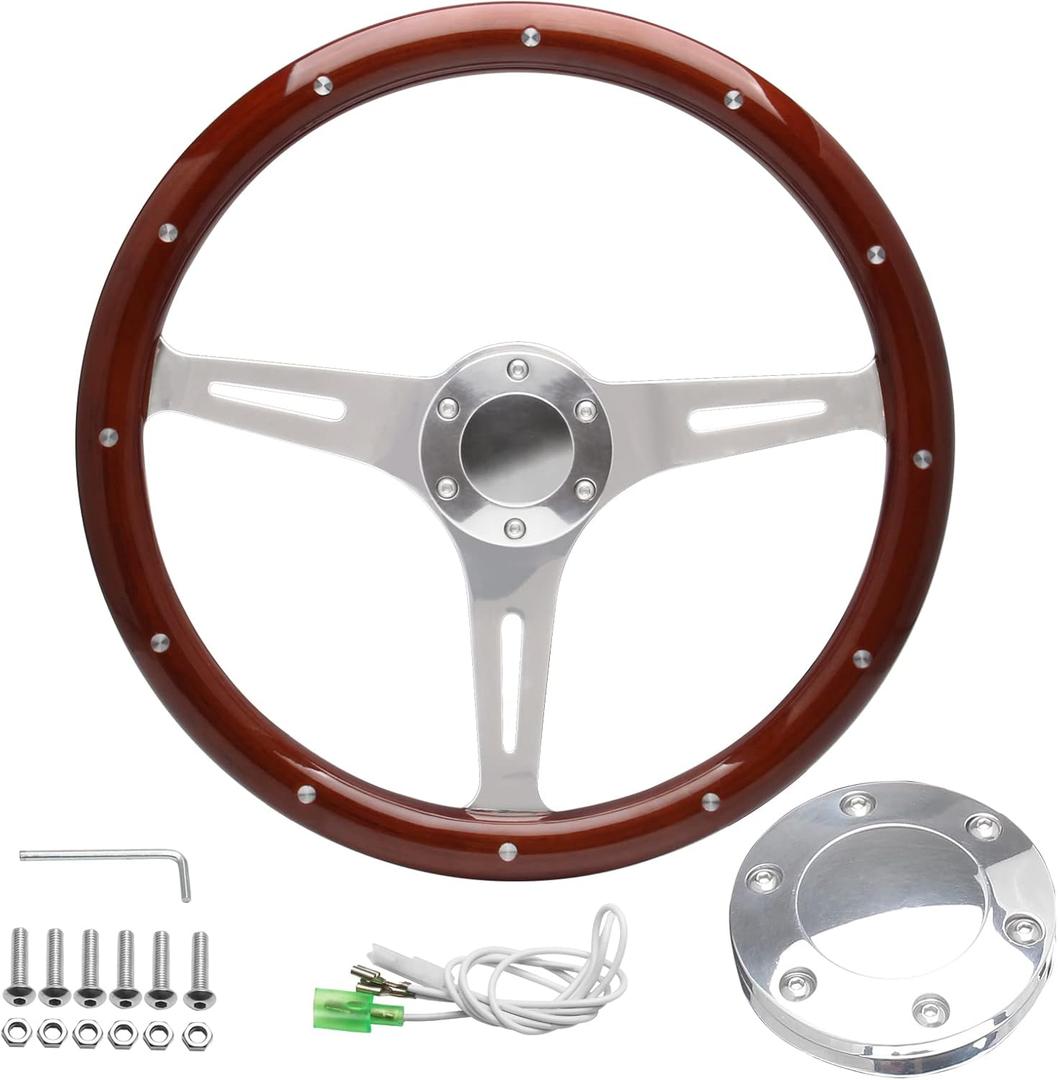 15" Classic Wood Grain Steering Wheel Riveted Light Wood Grip Universal Automotive Steering Wheels Slotted 3 Spoke with Horn Button