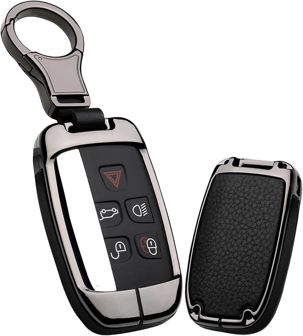 Ontto Key Cover Fit for Land Rover Key Case Metal Leather Key Holder with Keychain (Black Metal Shell, Black-b)