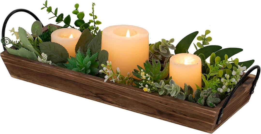 Long Narrow Wood Candle Tray: Hanobe Rustic Wooden Candle Holders Rectangular Table Centerpieces for Dining Room Farmhouse Pillar Stand with Handle Rectangle Tea Light Base Coffee Table Decor, Brown