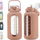 74 oz Glass Water Bolttles with Straw Large Motivational Water Bottle with Time Marker Sports Water Bottles with Silicone Sleeve and Handle Lid 2.2L Water Jug for Gym Workout (Amber)
