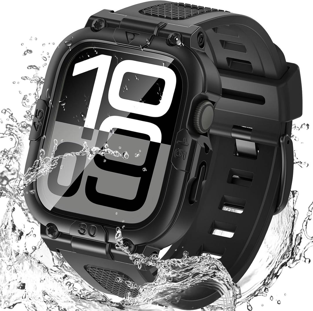 Goton 3 in 1 Waterproof Case with Band for Apple Watch with Built-in Tempered Glass Screen Protector 42mm, 360 Shockproof Bumper Face Cover with Band for Apple Watch Series 11 Series 10, 42mm