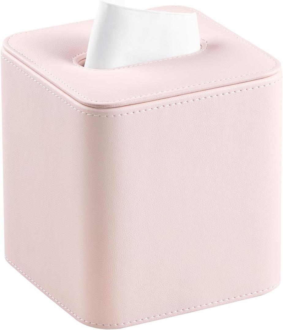 PU Leather Tissue Box Cover with Magnetic Closure, Square Tissue Box Holder with Rounded Edges Design (Pink, Square)