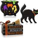 5PCS Halloween Wooden Signs Hocus Pocus, Decorative Wooden Faux Books Stack Black Cat Wood Table Signs, Cauldron Witches Sisters Halloween Tiered Tray Decor for Halloween Party Home Decorations