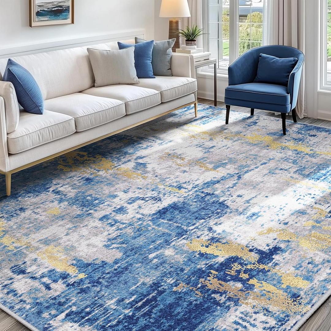 Washable Area Rugs 5'x7' Non-Slip Modern Abstract Soft for Living Room Entryway Bedroom Nursery, Print Pattern, Grey Blue Gold/Golden 