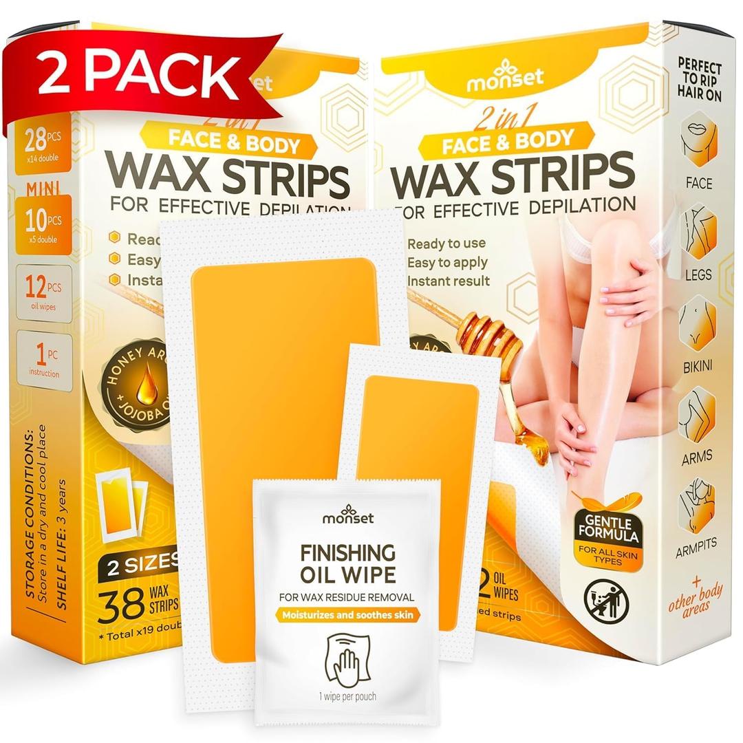 Wax Strips 76 Count  56 Body Strips, 20 for Face and 24 Finish Wipes  Body and Facial Hair Removal for Women and Men  Hair Remover Wax Kit for Upper Lip, Legs, Underarms  2 Pack