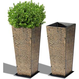 BAYN 2-Pack 24" Tall Metal Planter Hand-Hammered Textured Large Copper Flower Pots Box with Saucer for Outdoor&Indoor, Garden, Porch, Patio, Yard with Pre-Drilled Drainage Holes