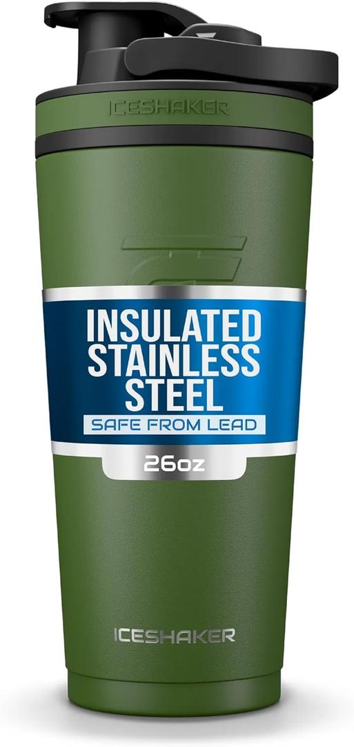 Ice Shaker Insulated Stainless Steel Shaker Bottle | 26oz, Green | Cold for 30+ Hours | Insulated Cup with Twist-on Agitator | Odor-Free Bottle for Protein Shakes, Water, Smoothies, Cocktails