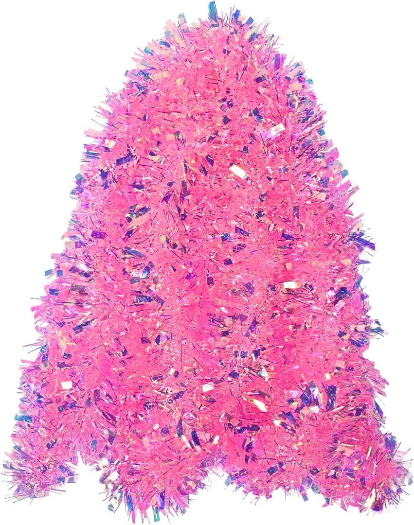 JXITON 20ft/6m Pink Christmas Tinsel Garland Iridescent Metallic Twisted Hanging Garland with Star for Chistmas Tree Fireplace Home Decoration