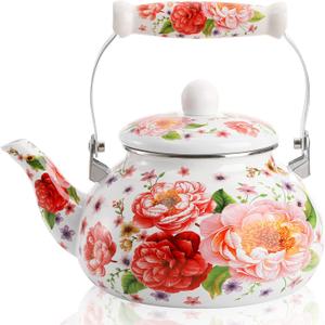 DEAYOU 2.6 Quart Enamel Tea Kettle Stovetop, Large Porcelain Enameled Teakettle, 2.5L Vintage Tea Pot with Ceramic Cool Handle, Colorful Floral Steel Teapot for Hot Water, Retro Decor, No Whistling
