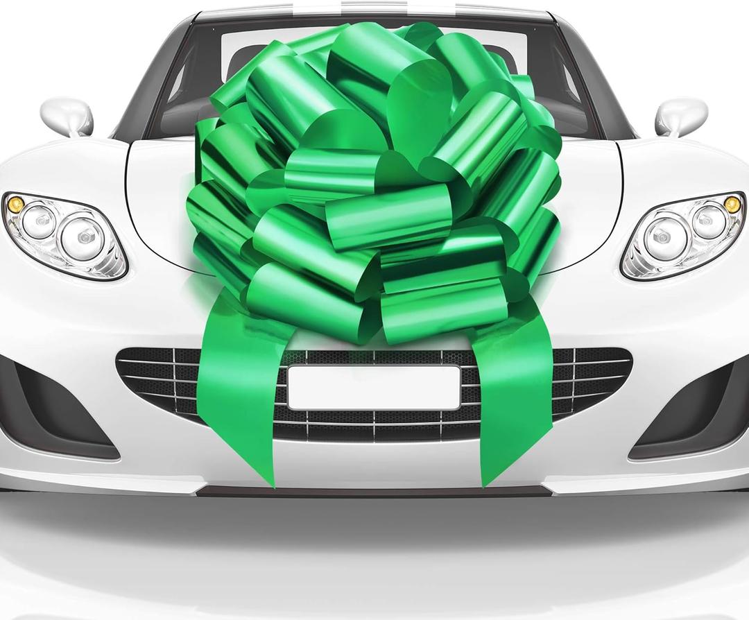 Mata1-USA - Huge Car Bow - Green, 23 Inch - Big Gift Wrapping Bow for Large Gift Decoration - Giant Size for Indoor & Outdoor Use - 26 Loops & 4 Stickers