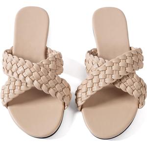 Mtzyoa Women's Braided Slide Flat Sandals Raffia Cute Natural Summer Beach Casual Comfortable (Beige, M)