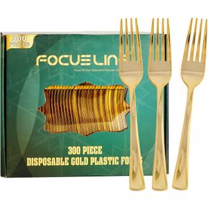 FOCUSLINE 300 Pack Disposable Gold Plastic Forks, Solid and Durable Plastic Cutlery Forks, Heavy Duty Disposable Utensil Silverware for Catering, Parties, Dinners, Weddings