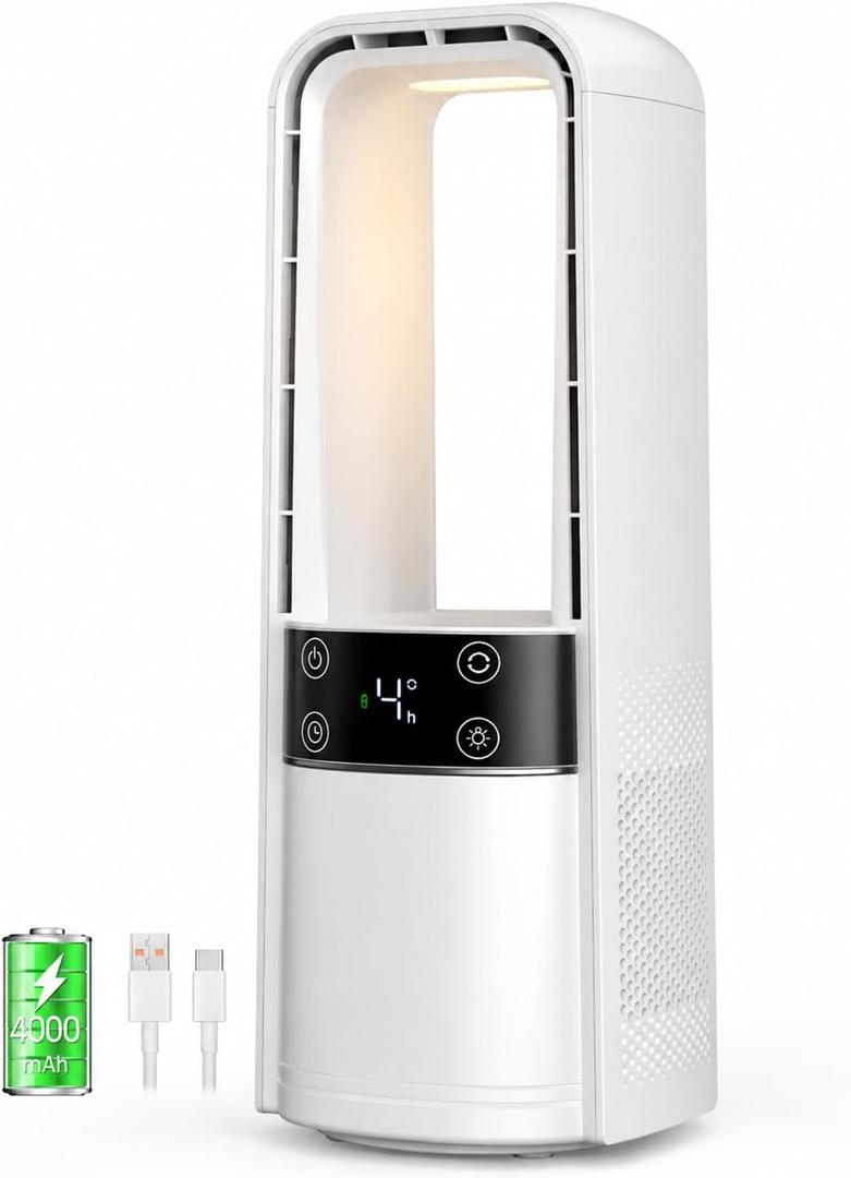 Desk Fan Bladeless, 120° Oscillating Fan Rechargeable, Quiet Fan with Night Light, Smart LED Touch Control, 4 Speed & 9H Timer, Small Table Fan, Auto Display Off, Ideal for Home, Office, Study Room