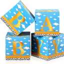 Faccito 4 Pack Cartoon Style Baby Shower Box Inspired Cartoon style Balloon Boxes Blocks Blue Sky Cloud Print Centerpiece Decor for Birthday Gender Reveal Party Decoration