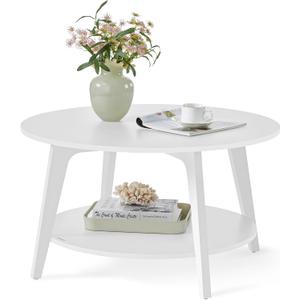 VASAGLE Round Coffee Table, 2 Tier Coffee Table with Storage, for Living Room, 31.5 x 17.7 Inches, Easy to Assemble, Snow White ULCT243W14