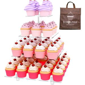Jusalpha Large 4 Tier Cupcake Stand Square Acrylic Cupcake Tower Stand for Dessert, Pastry, Serving Platter-Candy Bar Party Dcor and Supply(with Rod Feet) (4SF-V2)