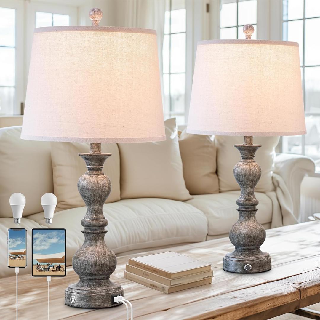 Touch Control Table Lamp Set of 2, 26" Farmhouse 3-Way Dimmable Bedside Lamp with USB A&USB C Charging Ports for Bedrooms, Living Rooms, Country Yards, Nightstands (2 Bulbs Included) (Black1)