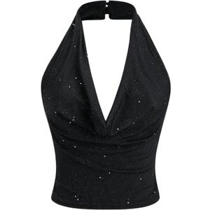 SOLY HUX Women's Halter Top Sparkly Sexy Backless Party Crop Tops Club Rave Festival Outfits Black S