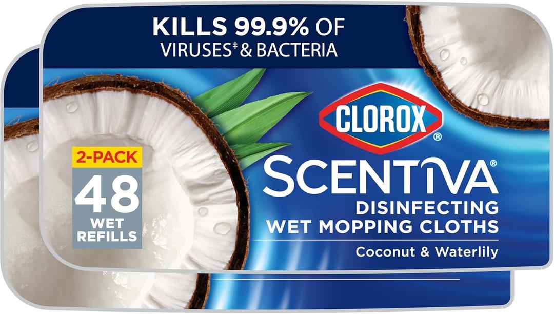 Clorox Scentiva Disinfecting Wet Mop Pad, Disposable Mop Heads, Coconut and Waterlily, 2 Packs, 24 Wet Refills Per Pack