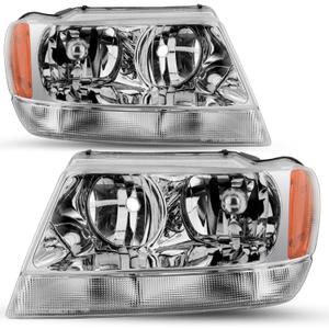 SOCKIR Halogen Headlight Assembly Compatible with 1999-2004 Jeep Grand Cherokee WJ Replacement OE Headlamp Driver and Passenger Side Chrome Housing with Amber Reflector