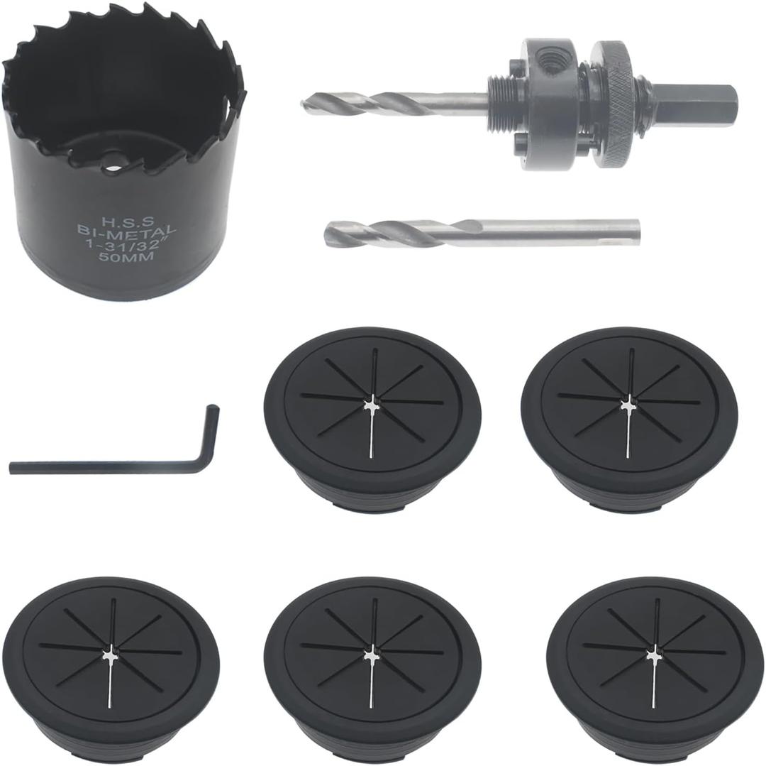 2 Inch Desk Grommet and Hole Saw Kit, OZXNO 5-Pack 50mm Flexible Desk Wire Cord Hole Cover with Matching Holesaw Drill Bits for Cable Organizer Wiring Management and Protection