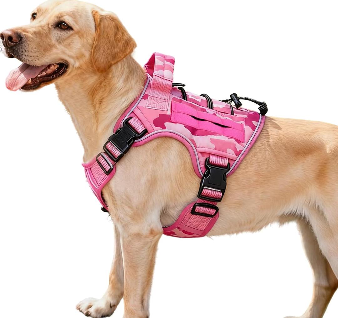 Heavy-Duty Tactical Dog Harness for Dogs, No Pull Adjustable Reflective Pet Vest with Molle System, K9 Military-Grade Control for Service Training, Outdoor & 10+ Breeds, Pink Camo, Medium