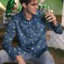 Arvilhill Mens St Patrick's Button Shamrock Clover Printed Long Sleeve Shirt (S-3XL) (Blue, XXXL)