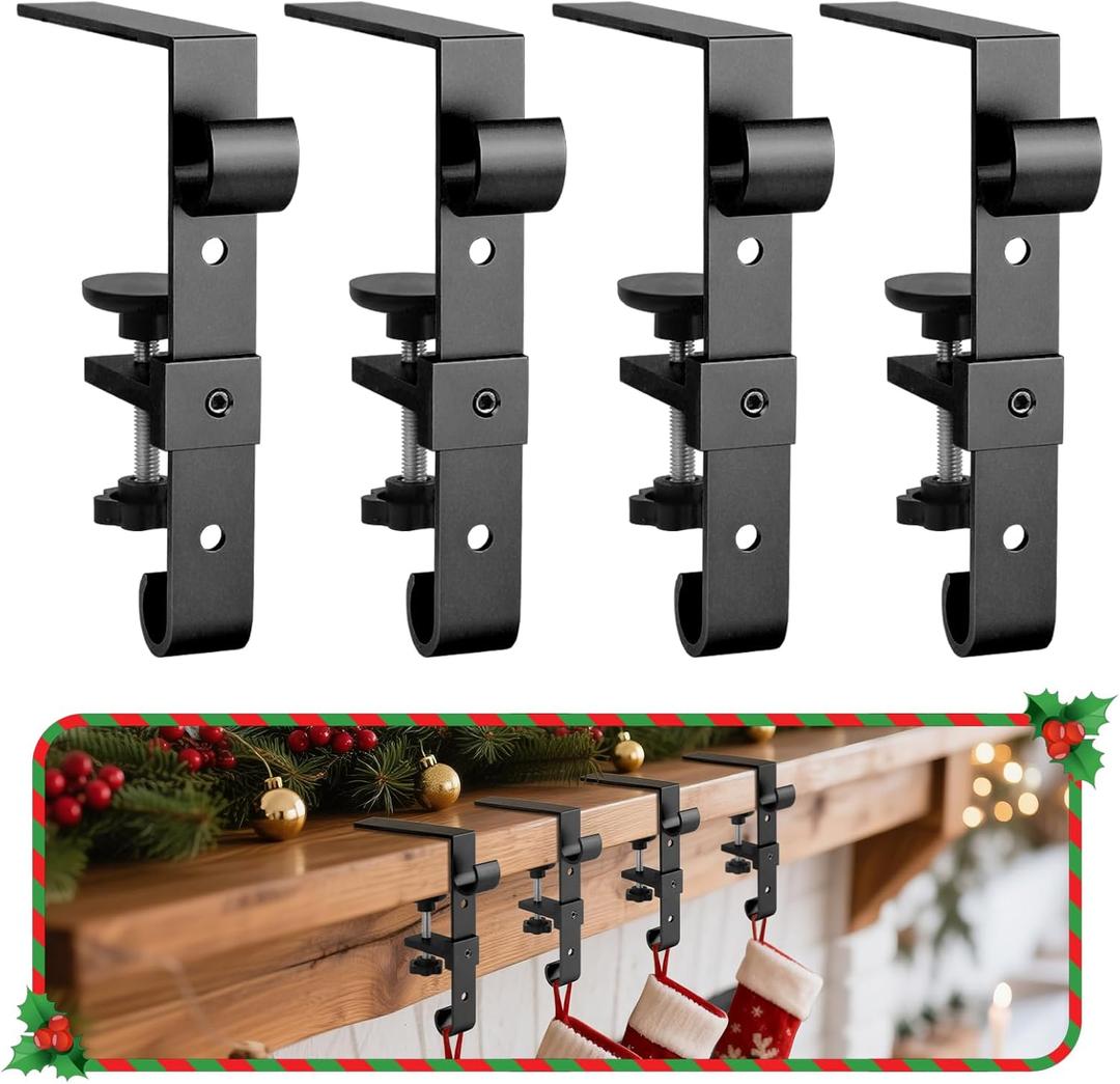 Stocking Hangers for Mantel,4 Pcs 2 in 1 Adjustable Fireplace Christmas Stocking Holder, No-Drill, Easy to Install Garland Hanger for Christmas Decorations, Fits 0.1-3.5Mantles(Black, 4)