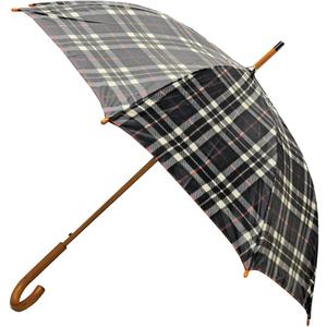 Classic Auto Open Umbrella with Real Wooden Hook Handle (Black Plaid)