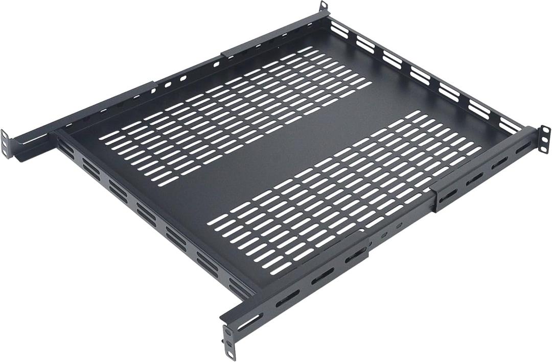 RIVECO 1U Adjustable Vented Server Rack Mount Shelf Adjustable Mounting Depth 19" to 38" Universal for 19" Network Equipment Black (495-960 deep)
