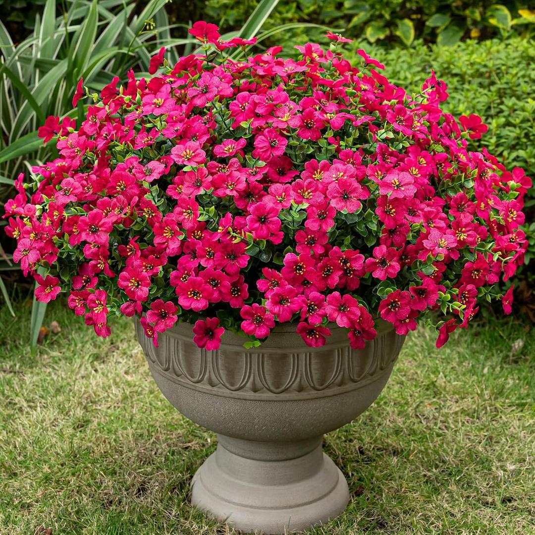 Lnoicy 20 Bundles Artificial Fake Flowers for Outdoor Faux Eucalyptus Flowers for Home Decoration, Fake Plants UV Resistant for Porch/Garden Rose Red