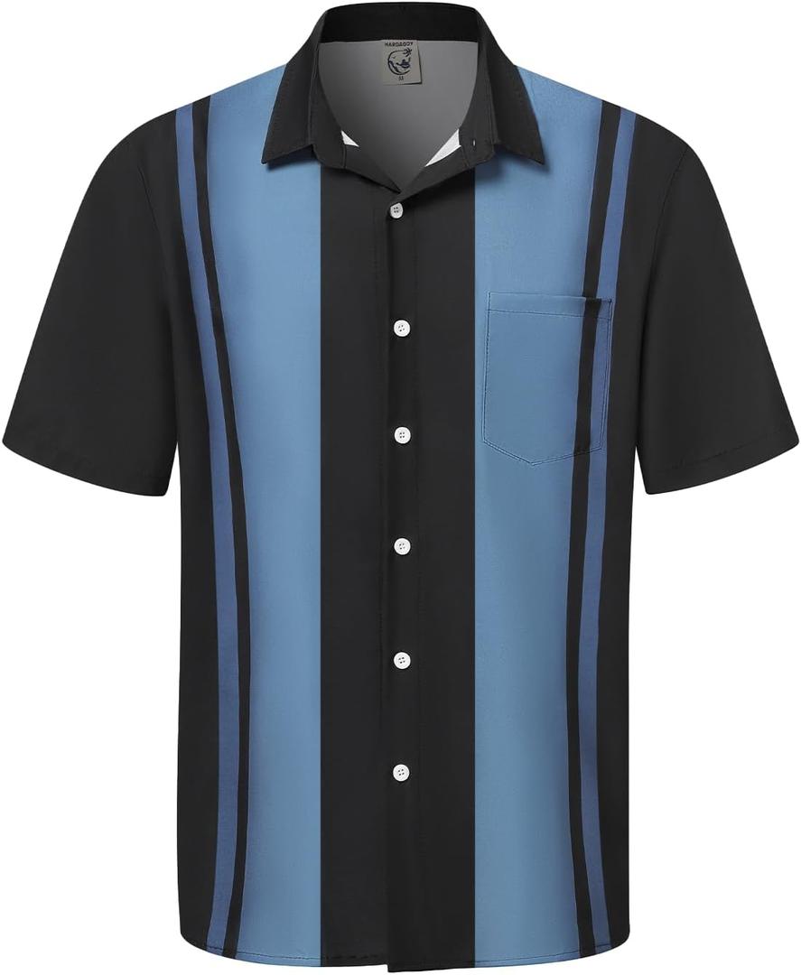 Hardaddy Men's Vintage Bowling Shirt Short Sleeve Button Down Hawaiian Summer Beach Casual Shirts (Medium, Blue-4)