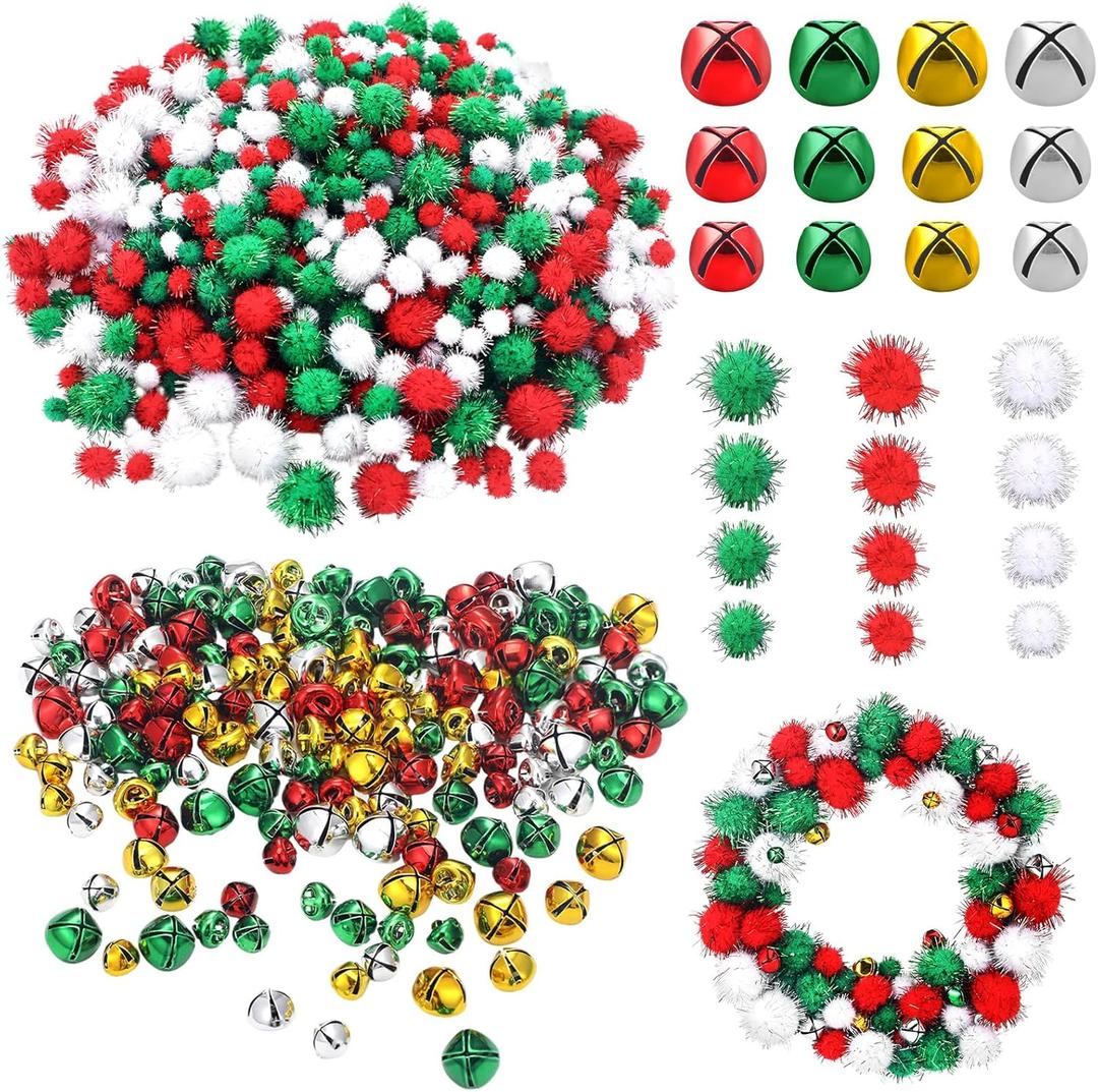 AceOrbit Christmas DIY Crafts Kits 900 Pcs Christmas Pom Poms and 200 Pcs Jingle Bells for Crafts for DIY Green Red Yellow and White Glitter Fluffy Balls Bells for Xmas Craft Decor for Home Office