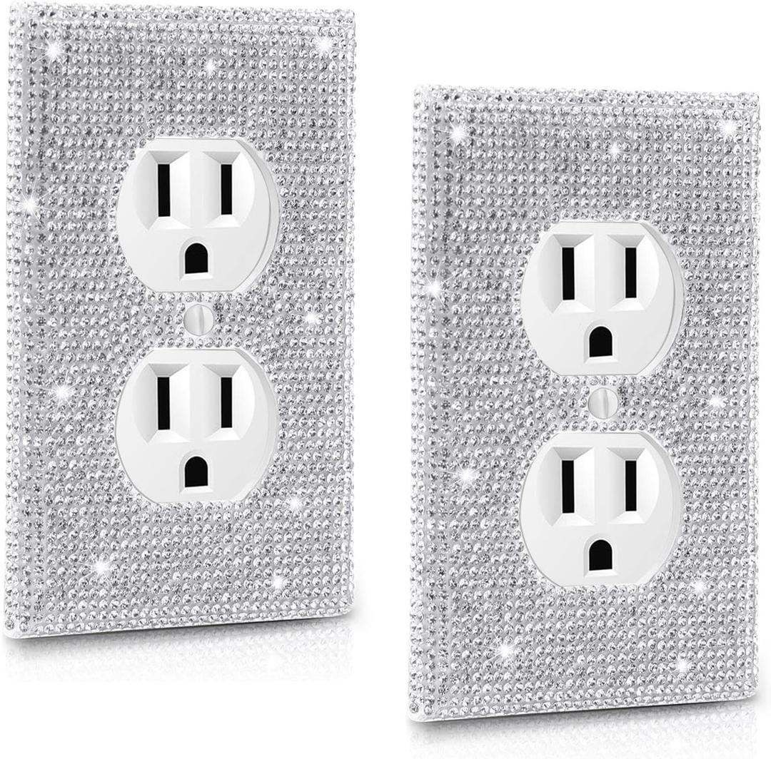 Outlet Covers.2 Pack Shiny Rhinestones Wall Plate Rhinestones Light Switch Cover Decorative Bling Switch Cover Crystal Outlet Covers Decorative Wall Plate Outlet Decorations (Silver)