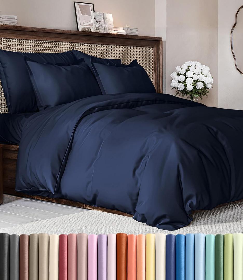 Duvet Cover King Size Set - Extra Soft King Duvet Cover 104" x 90" with 2 Pillow Shams - Hotel Luxury, Easy Care & Fade Free w/ Zipper Closures & Ties - All Season, Comfy and Breathable (Navy Blue)