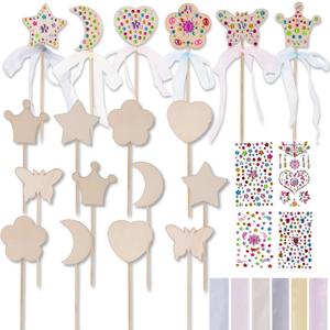 ArtCreativity Fairy Wand Kit, Includes 18 Wooden Wands, 18 Ribbons, and 5 Gem Sticker Sheets - Wand Decorating Kit - Birthday Party Crafts for Kids - Princess Party Activity