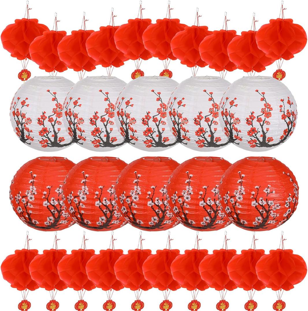 30 Pcs 12 Inch Chinese Japanese Paper Lanterns and 8 Inch Red Lanterns Hibachi Party Decorations Cherry Blossom Decorative Hanging Lantern for Chinese New Year Home Restaurant, Merry Christmas