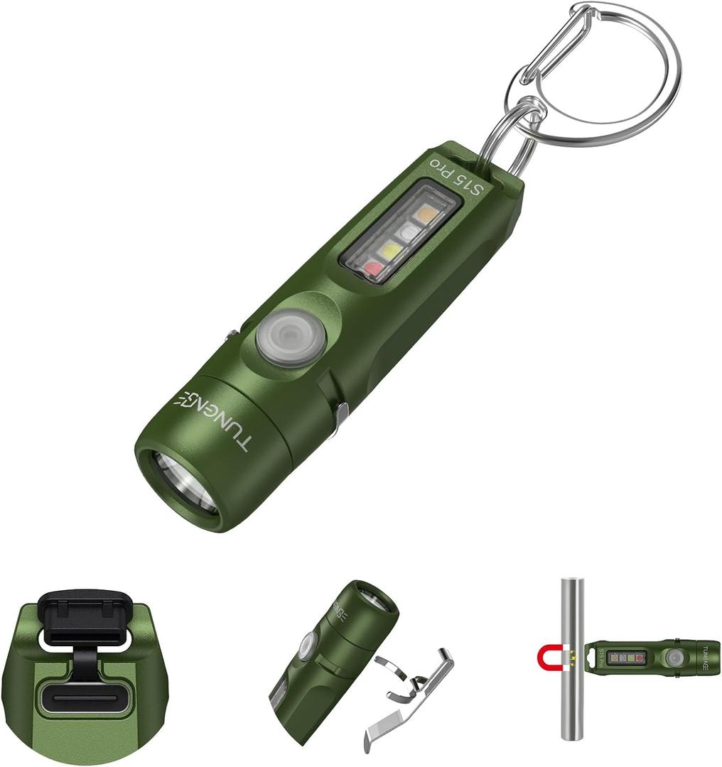 TUNENGE S15Pro Rechargeable Keychain Flashlight,750 High Lumen EDC Pocket Flashlight with Clip,Multifunction Mini COB Light and 365nmUV- 11 Lighting Modes, Tail Magnet, Flash Light(Army Green)