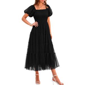 PRETTYGARDEN Women's Smocked Midi Tulle Dress 2025 Summer Puffy Short Sleeve Square Neck Ruffle Wedding Guest Party Dresses (X-Large, Black)