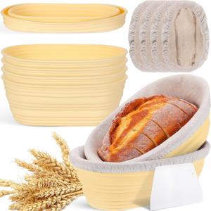 Nuogo 4 Pack Oval Bread Proofing Basket Silicone 10 Inch Collapsible Sourdough Bread Baking Supplies Dough Proofing Bowl with 4 Pcs Dough Scraper and 4 Pcs Basket Covers(Yellow)