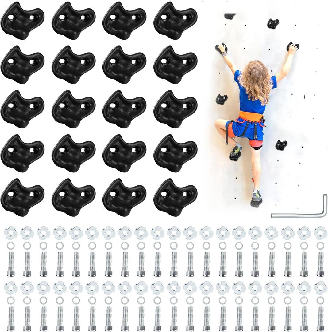 20PCS Black Rock Climbing Holds,Hard Plastic Rock Climbing Wall for Kids,Extra Large Climbing Rock Wall Grips with Mounting Hardware and Wrench for Indoor Outdoor Playground,Installed on Wooden Board