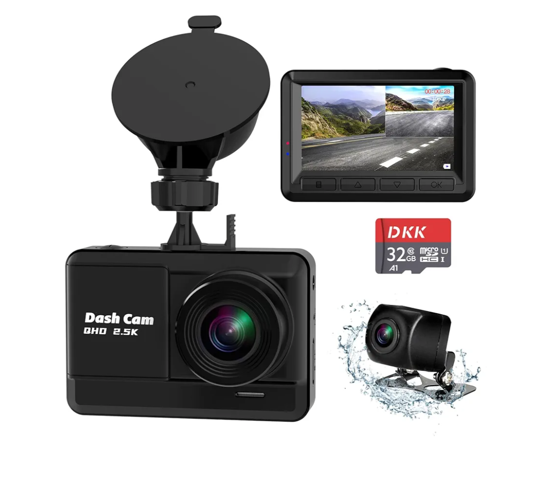 Dash Cam Front and Rear, 2.5K+1080P Dual Dash Camera for Cars with 32GB SD Card, 2.45 inch IPS Screen, 2 Mounting Ways, Night Vision, WDR, Accident Lock, Loop Recording, Parking Monitor