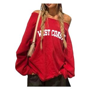 WDIRARA Women's Spiderweb Graphic Off Shoulder Sweatshirt Long Sleeve Pullovers Oversized Top (Red, Large)