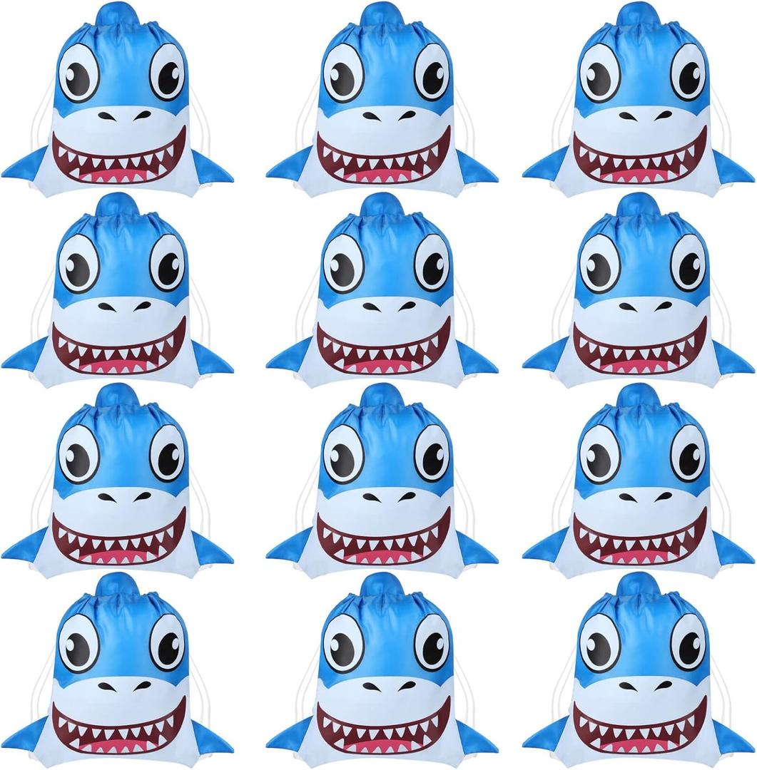 Shellwei 12 Pcs Cute Shark Drawstring Bag Summer Pool Party Favor 10 x 12 Inch Drawstring Backpack Goodie Shark Theme Birthday Party Supplies Storage Gift Bags for Kids Boys Girls, Blue